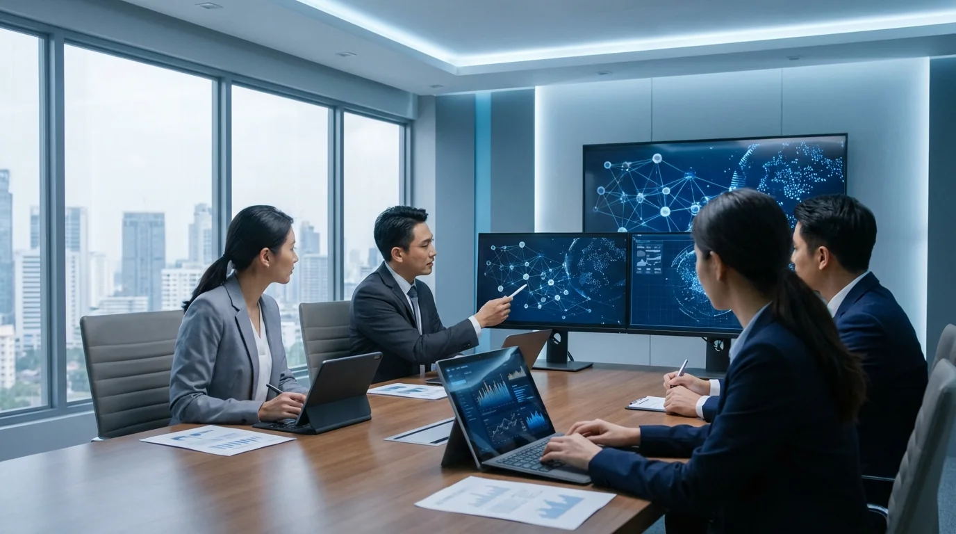 A professional business setting where a team analyzes digital marketing strategy and search engine algorithms to enhance digital authority and trustworthiness in the digital marketplace.