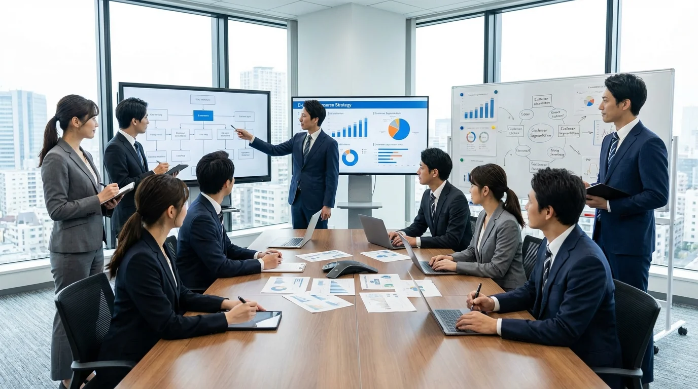 A professional business setting where team members are analyzing customer purchase patterns and designing loyalty programs to increase average order value and lifetime value for an e-commerce platform.