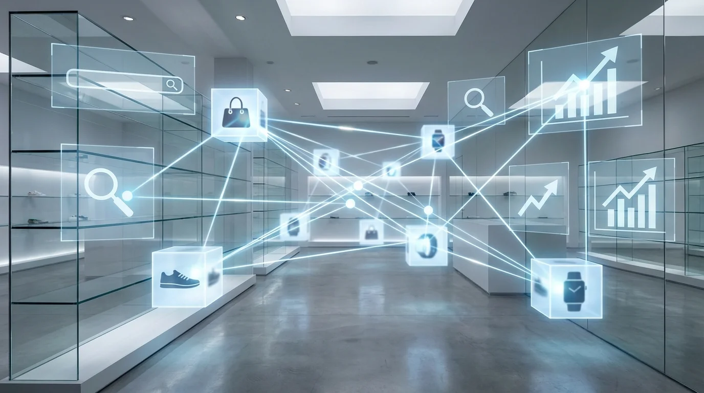 An abstract visualization of search engine optimization algorithms within a retail environment, featuring data nodes connecting product images to search ranking indicators and visibility metrics.