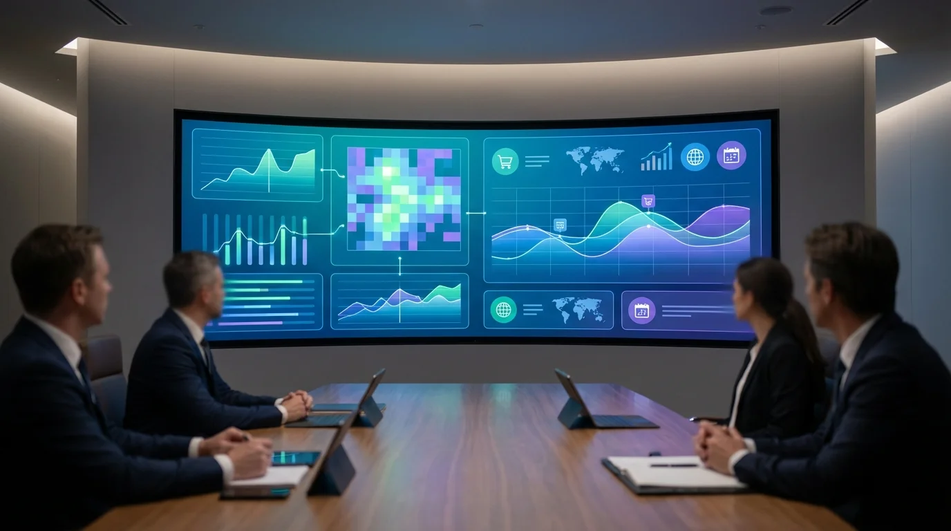 A high-tech digital dashboard displaying real-time e-commerce analytics, consumer behavior patterns, and market trend data for high-conversion seasonal events.