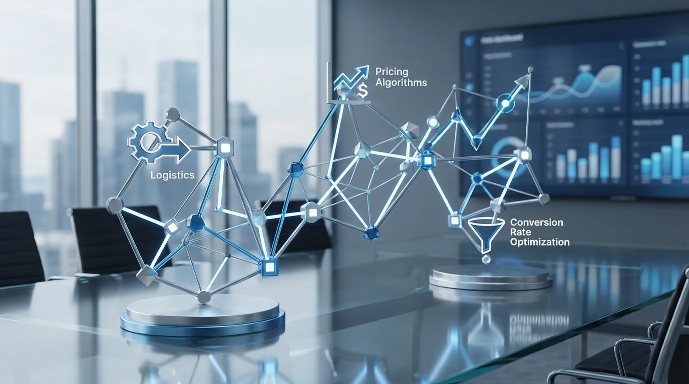 An abstract representation of strategic financial planning and data visualization, showing interconnected nodes of logistics, pricing algorithms, and conversion rate optimization.