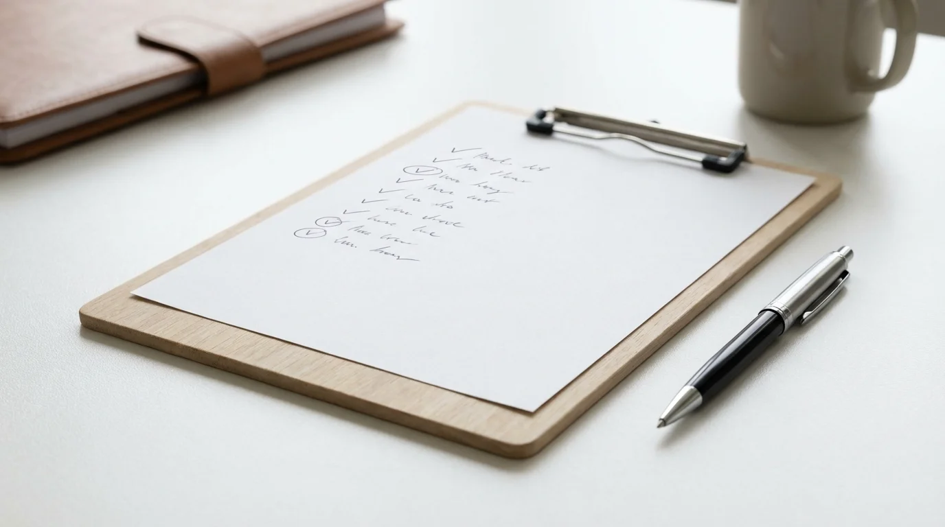 Close-up of a checklist on a clipboard with a pen, emphasizing the meticulous review process required for identifying the root cause of Amazon account suspension and compliance verification.