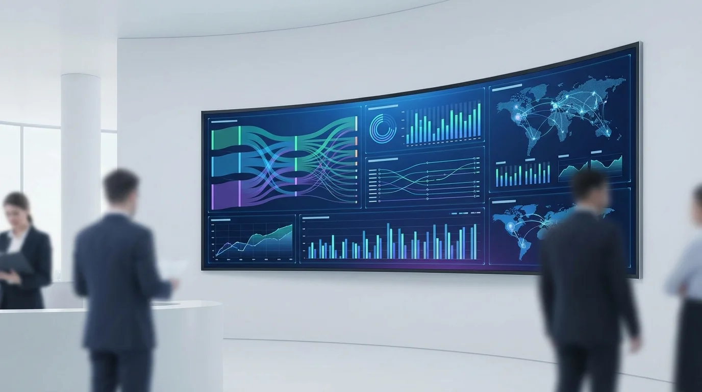 A high-tech digital dashboard displaying customer support metrics and call volume analytics, visualizing efficient communication flow and data-driven service management in the e-commerce industry.