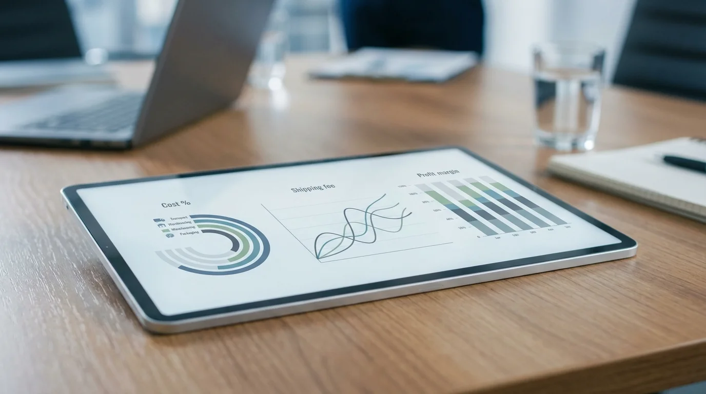 Data visualization on a tablet screen showing logistics cost distribution, profit margins, and shipping fee trends for e-commerce business analysis.