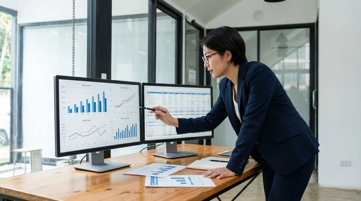 A professional business analyst reviewing complex Amazon sales charts and profit margin spreadsheets, focusing on the balance between competitive pricing and long-term brand equity maintenance.