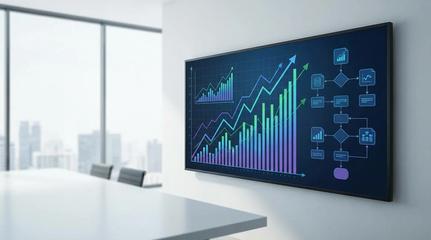 Strategic business planning dashboard showing digital commerce growth trends and semantic data optimization frameworks.