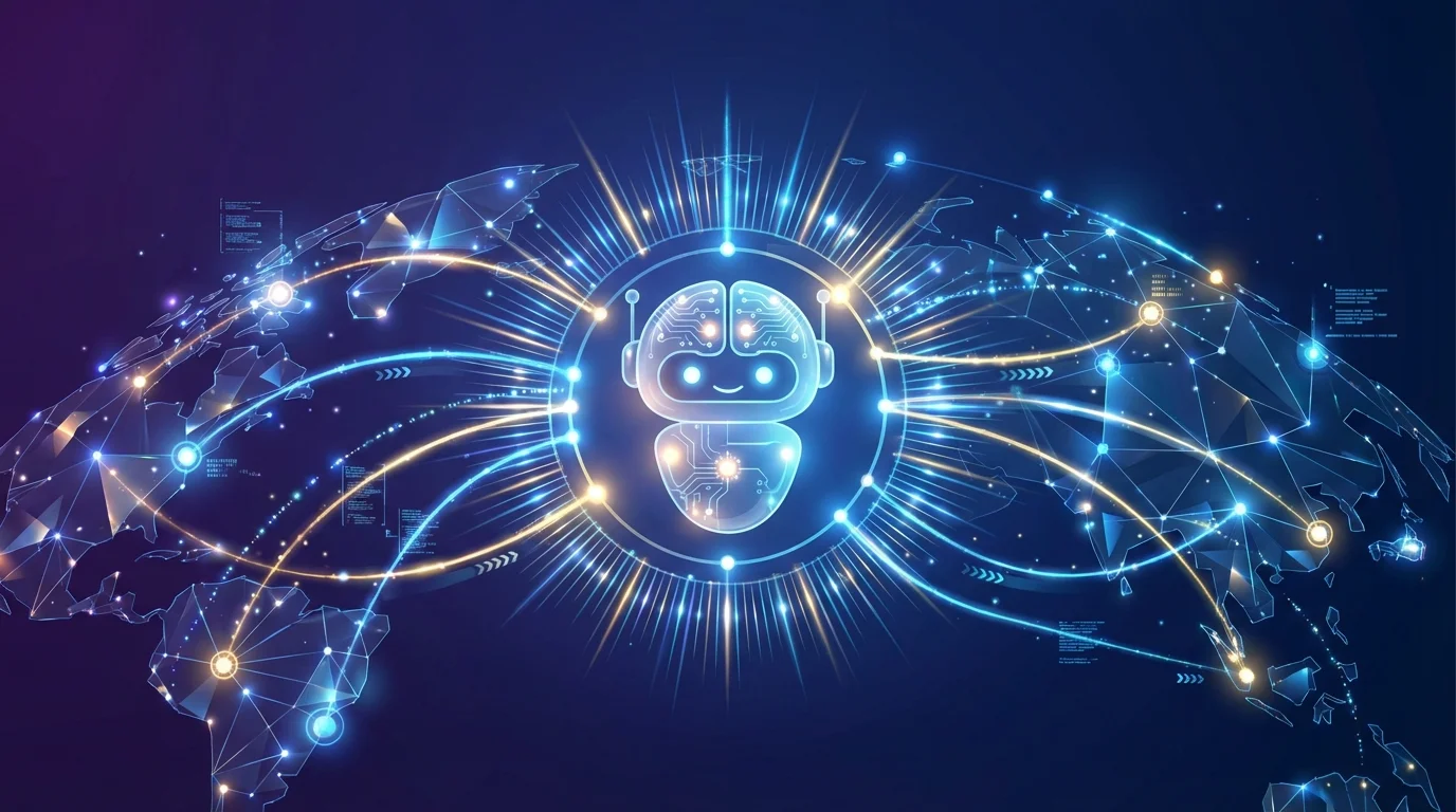 An abstract digital representation of global network scaling and enterprise data connectivity, featuring interconnected glowing nodes and high-speed data streams across a dark background, symbolizing the expansion of AI infrastructure across a large corporate ecosystem.