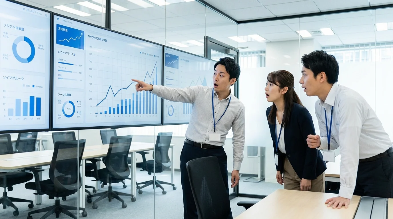 Professional data analysts working in a modern office, analyzing complex e-commerce performance metrics and social media conversion rates on large monitors with clear data visualizations.