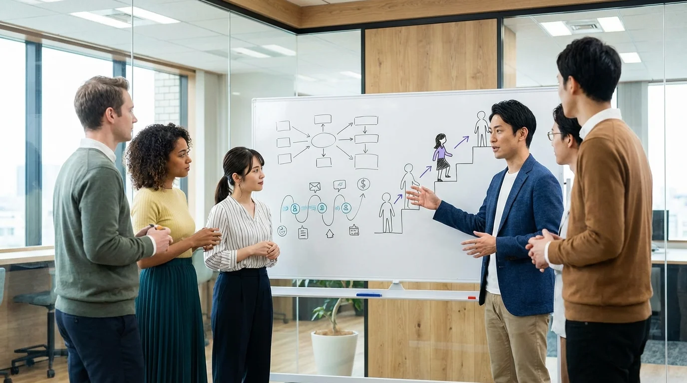 A diverse group of creative professionals in a modern office brainstorming around a whiteboard filled with customer journey maps and community engagement strategies.