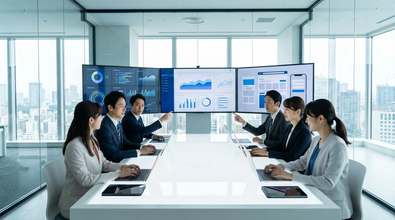 A professional business team analyzing digital marketing trends and e-commerce platform comparisons using multiple screens and data charts.