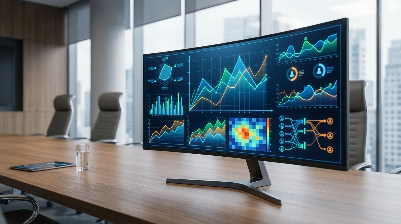 Advanced analytics dashboard displayed on a digital screen, featuring complex charts, line graphs, and visualization tools that illustrate cross-channel marketing performance and customer journey mapping in a professional office environment.