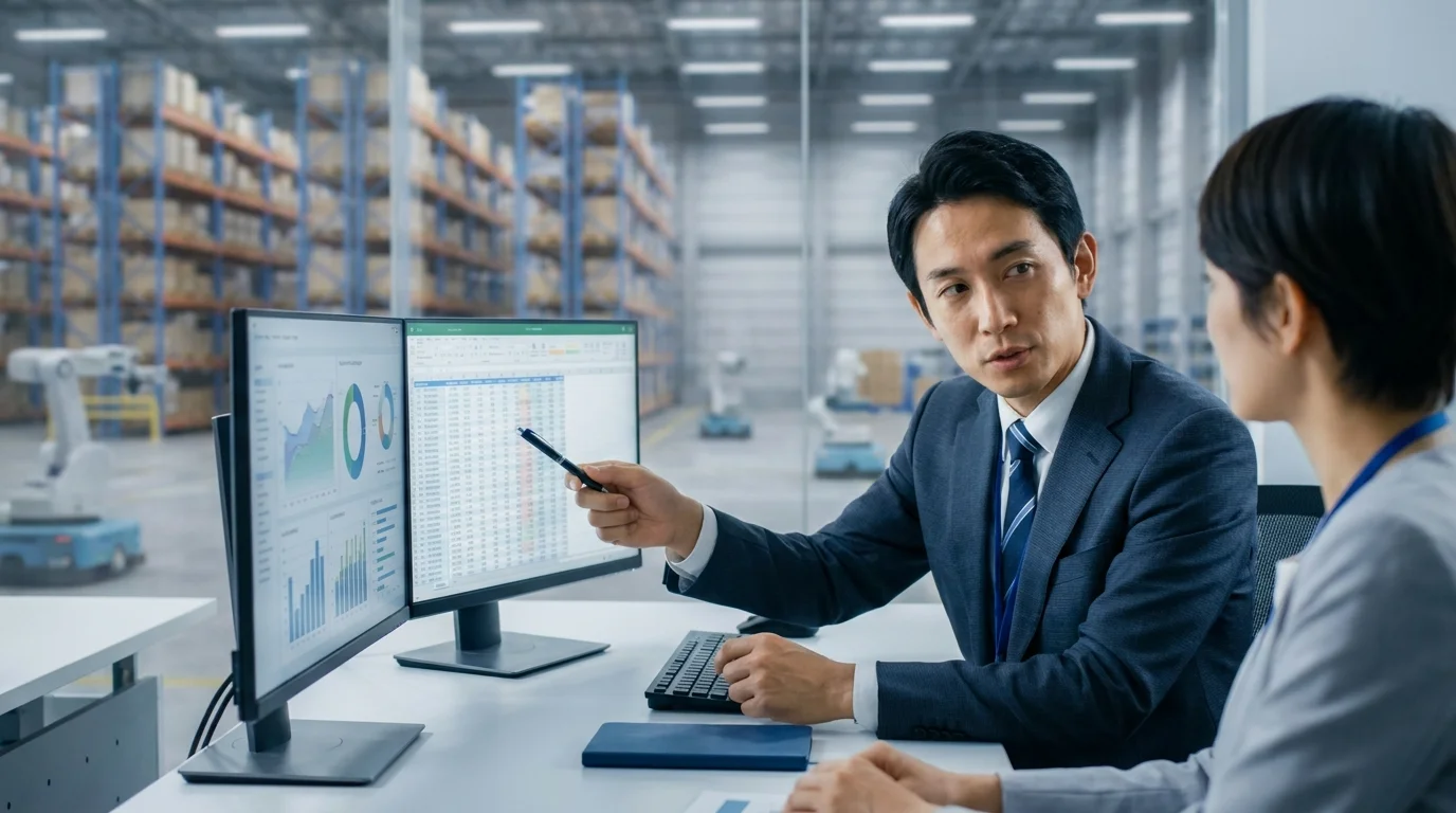 A professional business environment showing a logistics manager analyzing inventory levels and supply chain data on a computer to prevent out-of-stock scenarios in an Amazon warehouse context.