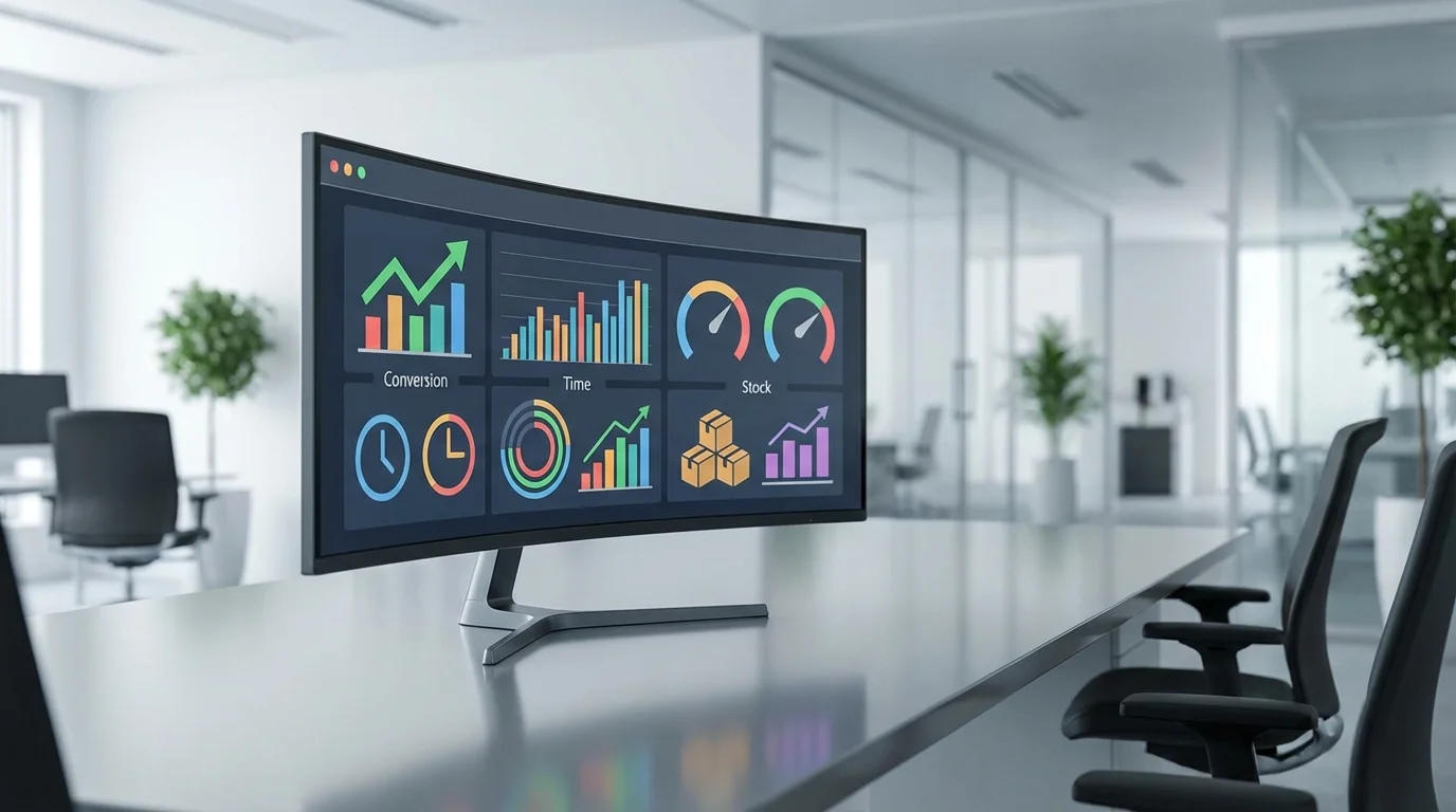 A professional business setting featuring a dashboard of e-commerce analytics, showing key performance indicators like conversion rates, session duration, and inventory levels on high-resolution monitors in a modern office.