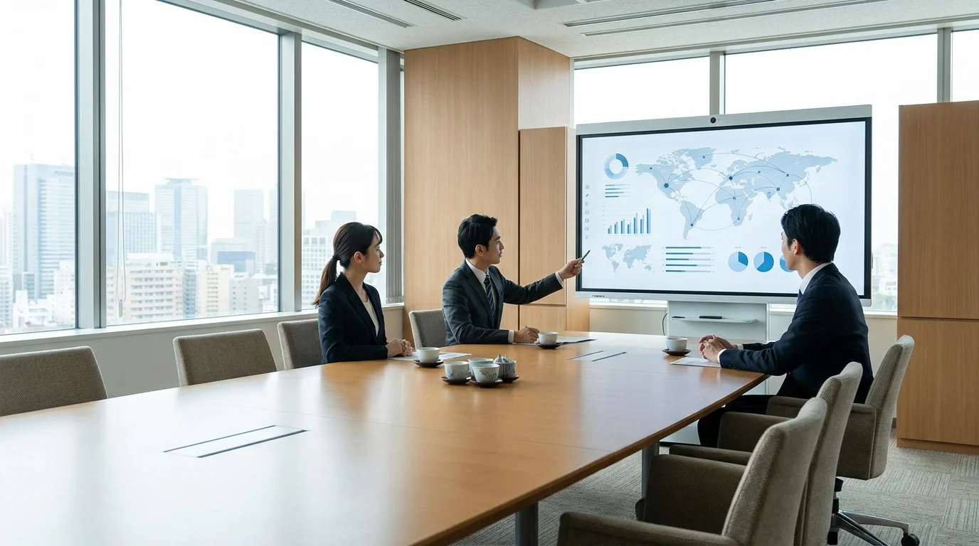 A professional Japanese creative director presenting an AI-driven branding roadmap to a team of Japanese executives. The presentation includes data visualizations of brand consistency scores and automated creative pipelines on a large interactive whiteboard.