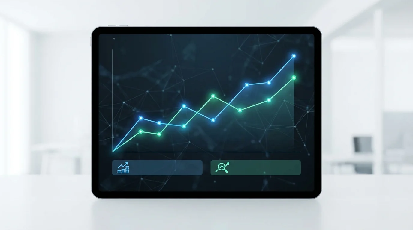 Technical data visualization showing upward growth curves in a digital interface, representing the correlation between advertising spend and organic search ranking improvement on a major e-commerce platform.