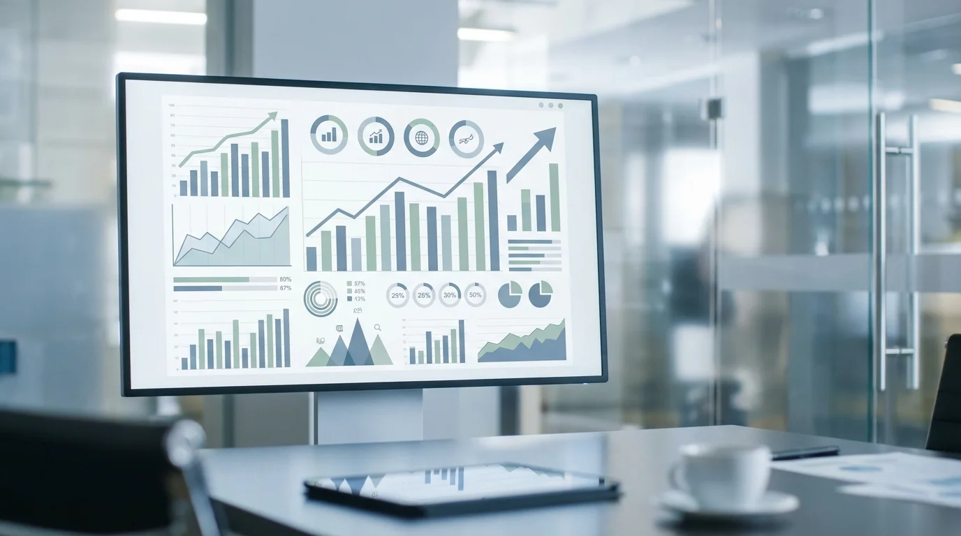 Professional business analytics dashboard displaying key performance indicators like ACoS, ROAS, and total sales growth through complex charts and bar graphs for strategic decision making.