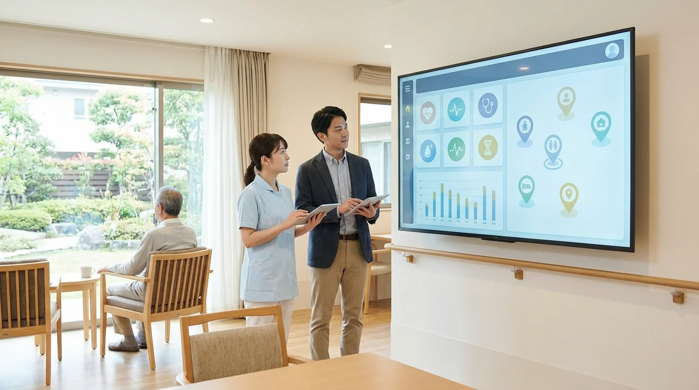 A high-tech digital dashboard displaying Japanese text and care plan structures, showing a comparison between manual entry time and AI-assisted generation speed in a modern Japanese professional environment.