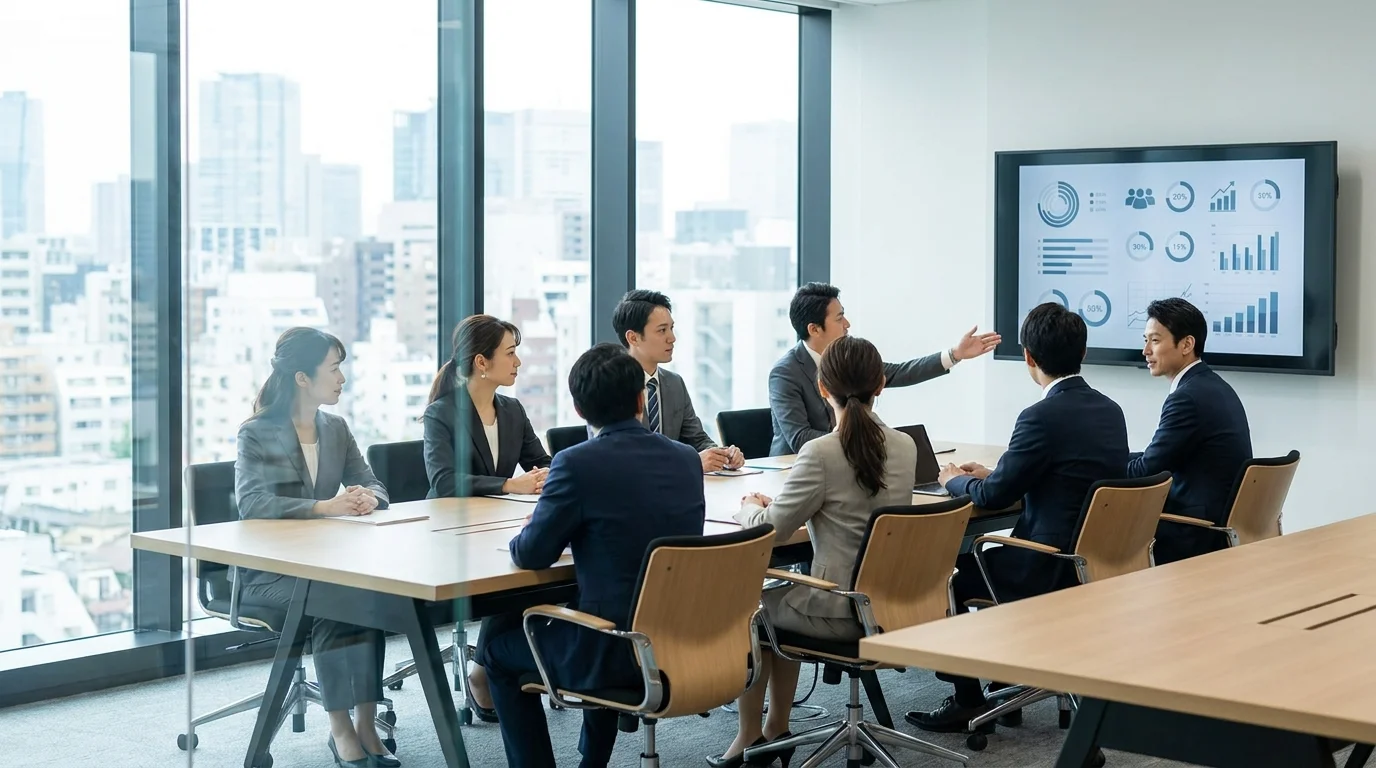 Japanese business professionals analyzing real-time AI marketing performance on a large touch-screen interface in a modern corporate boardroom.