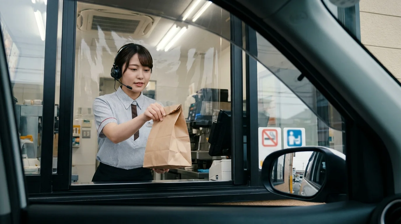 A high-tech dashboard display used by a Japanese store manager to monitor real-time AI voice recognition accuracy and order throughput statistics in a Japanese fast-food restaurant environment, featuring clean data visualizations and kanji text.