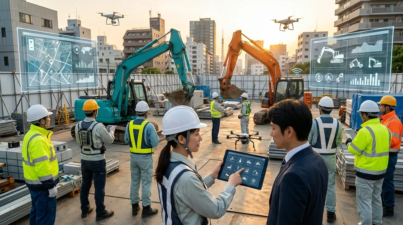 A conceptual visual of an integrated Japanese smart construction site. The image shows a top-down view of a complex infrastructure project with digital twin overlays indicating safe zones and danger areas. No specific brand names are visible. The focus is on the seamless integration of data visualization and physical construction environment in Japan.