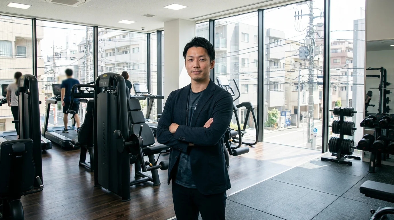 A high-tech dashboard displaying real-time motion capture data, joint angle graphs, and performance metrics. The screen shows a Japanese data analyst monitoring gym member progress through a cloud-based AI analytics interface.