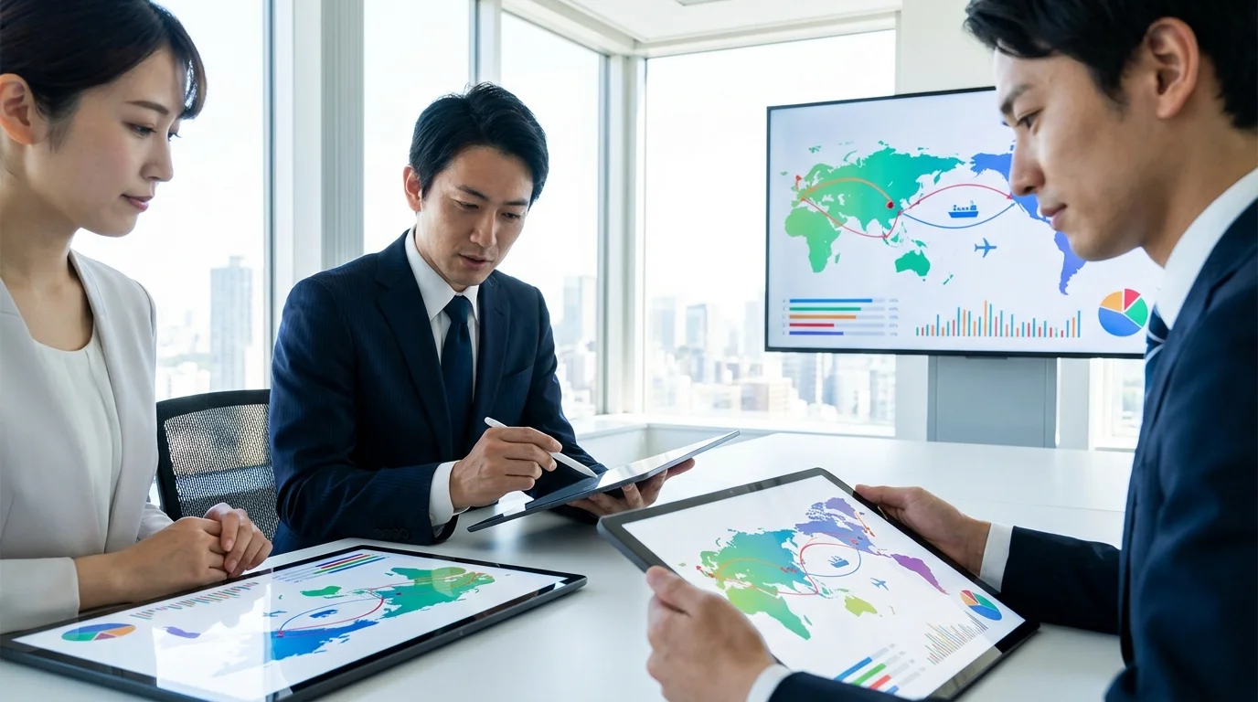 Strategic business logistics planning with digital tablets showing supply chain data and global shipping routes for e-commerce optimization.