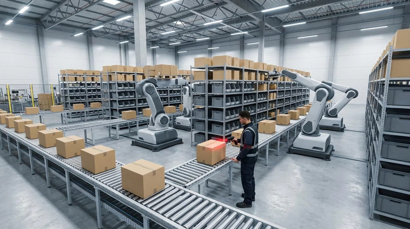 A high-tech logistics warehouse visualization showing automated inventory management systems, barcode scanning processes, and organized storage shelves representing efficient Amazon FBA operations.