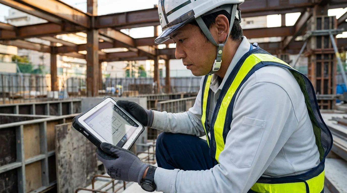 A Japanese data scientist analyzing a complex network graph of Japanese construction terminology on a large monitor. The interface shows how specific kanji compounds are mapped to technical English and Vietnamese equivalents to ensure zero ambiguity in safety manuals.