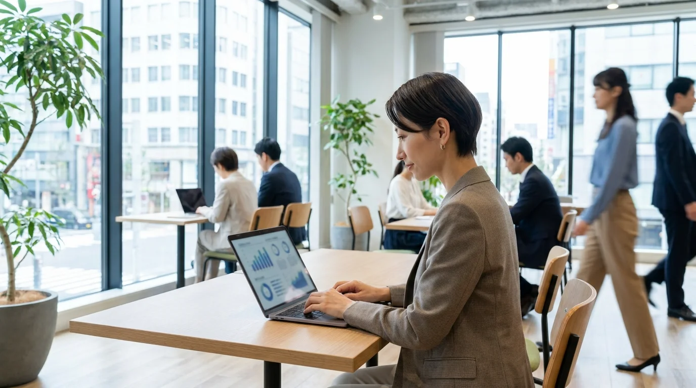 A professional Japanese individual pointing at a large wall-mounted monitor displaying a complex logic tree and business growth projections in a modern office boardroom.
