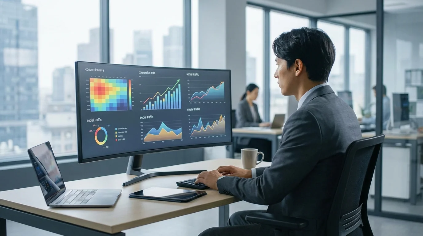 A data analyst reviewing a dashboard showing conversion rate optimization metrics and social media referral traffic, highlighting the business impact of social commerce platforms like Rakuten ROOM.