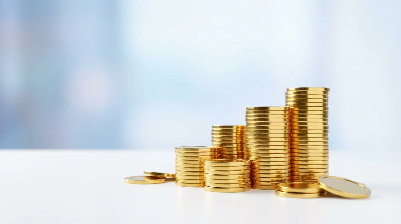 Close-up of golden coins stacked neatly on a white surface with a soft blue background, representing the accumulation of profit and the meticulous management of business expenses.