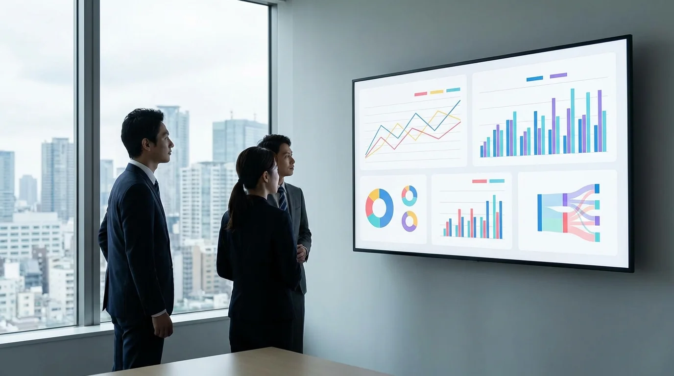 Data visualization dashboard showing e-commerce conversion rate metrics, sales trends, and user behavior analysis in a professional business setting.