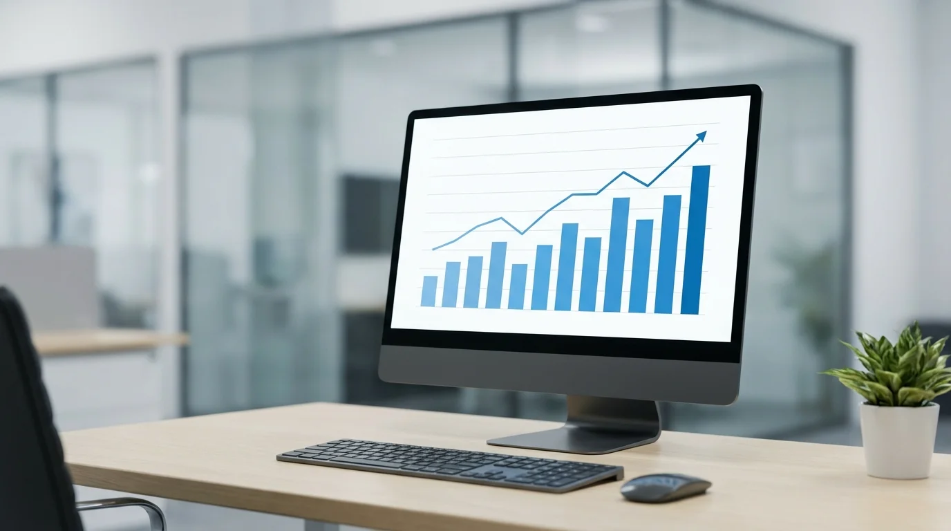 Professional analytics dashboard showing growth in organic search traffic and conversion rates, represented by blue bar charts and line graphs on a sleek computer monitor.